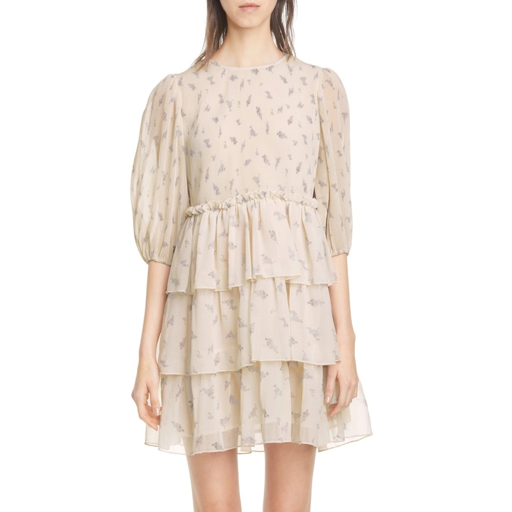 GANNI Floral Tiered Pleated Mini Dress